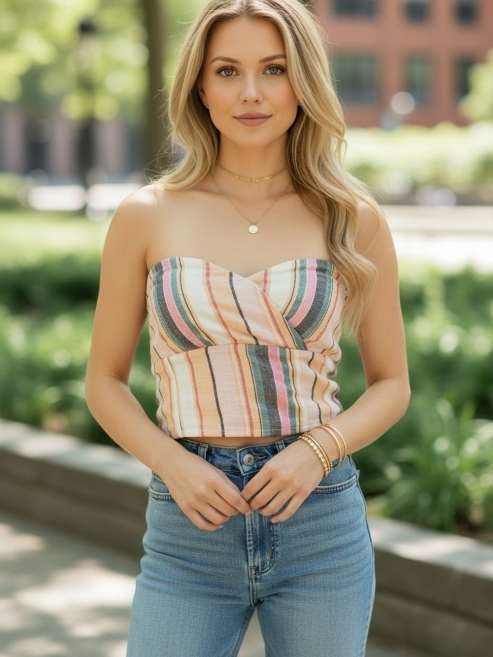 NEW American Eagle Sweetheart Striped Strapless Crop Top in Pastel Multicolor